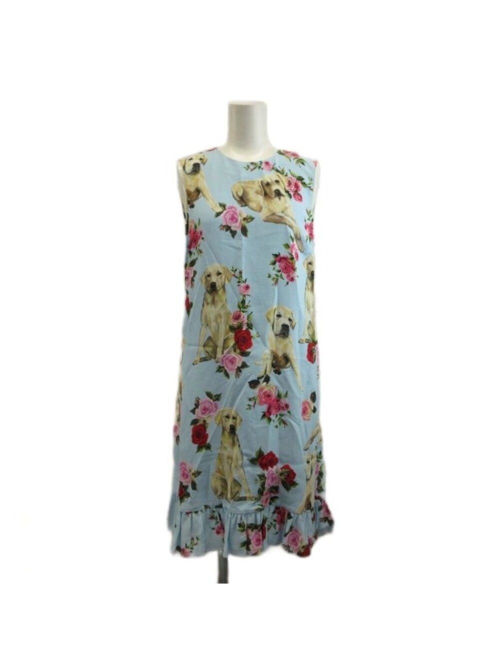 Dolce & Gabbana Dress Sleeveless Knee Length Ruffle Dog Labrador Rose Print